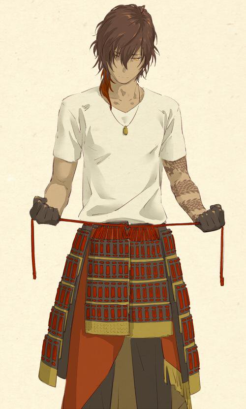 1boy arm_tattoo armor black_gloves black_pants brown_hair closed_mouth dark-skinned_male dark_skin dragon_tattoo gloves japanese_armor jewelry kusazuri leuco male_focus multicolored_hair necklace ookurikara pants red_hair shirt solo standing tattoo touken_ranbu upper_body white_shirt yellow_eyes