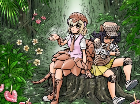 2girls animal_ears armadillo_ears armor armored_skirt black_hair blonde_hair boots bracer collared_shirt commentary_request crossed_arms day elbow_pads extra_ears closed_eyes flower full_body giant_armadillo_(kemono_friends) giant_pangolin_(kemono_friends) hand_up hat kemono_friends knee_up kneepits long_hair looking_up medium_hair medium_skirt miniskirt multiple_girls necktie open_mouth outdoors ozora_tetsu pangolin_ears pangolin_tail plant pleated_skirt shirt shoes short_sleeves shoulder_armor sidelocks sitting skirt sneezing snot sweater_vest tail tree_stump water_drop wing_collar