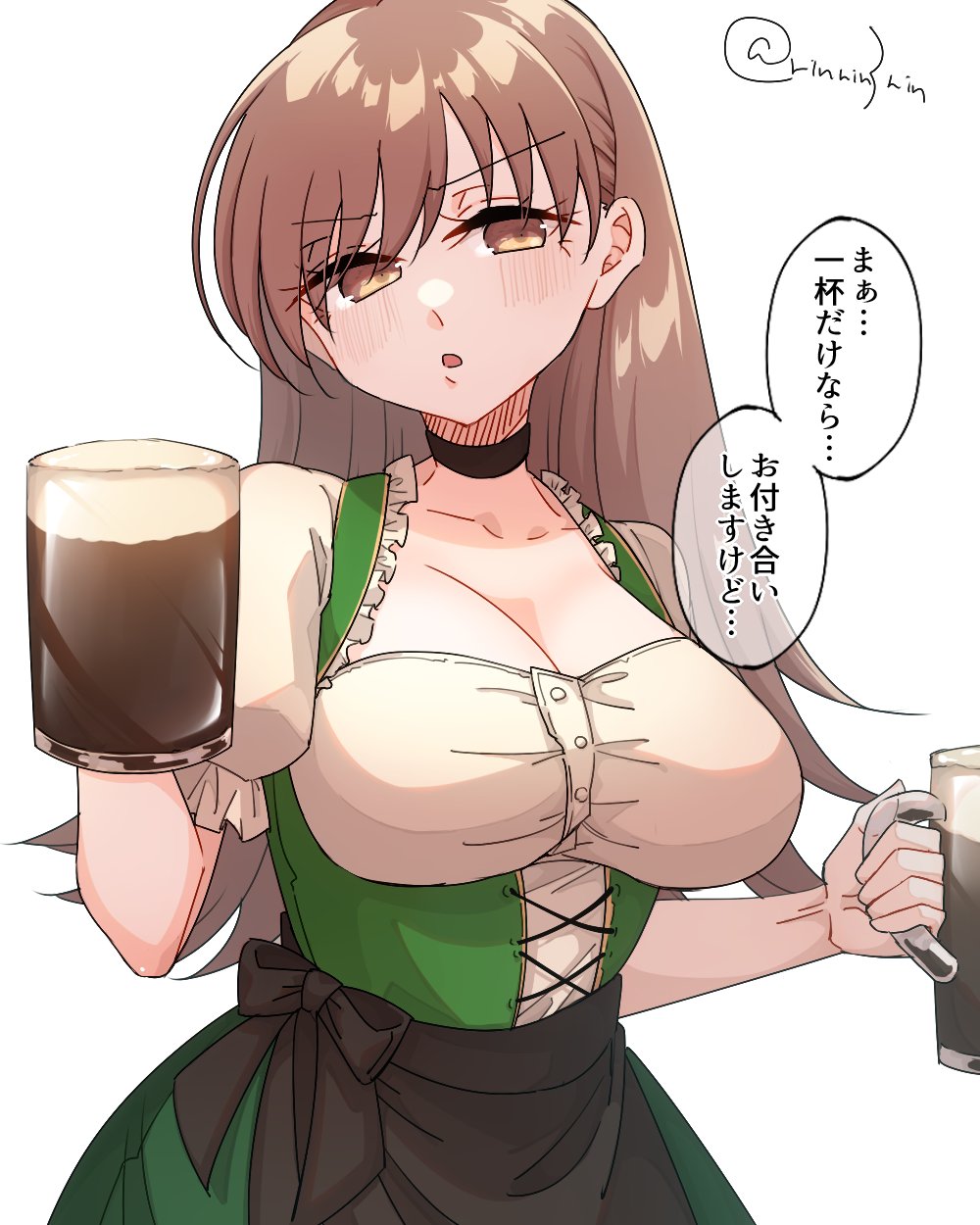 1girl alcohol alternate_costume apron barmaid beer beer_mug black_apron bodice breasts brown_hair cleavage cup dirndl dress framed_breasts german_clothes green_dress highres kantai_collection large_breasts long_hair looking_at_viewer matsunaga_(haku) mug oktoberfest ooi_(kancolle) open_mouth solo underbust waist_apron waitress