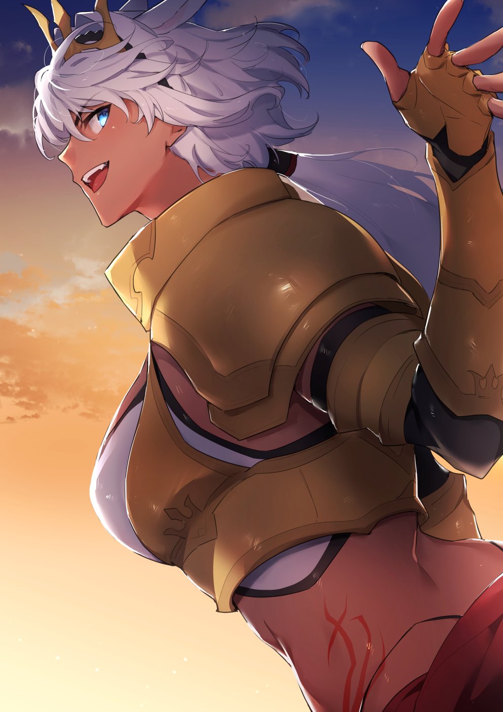 1girl animal_ears armor blue_eyes body_markings breasts caenis_(fate) caenis_(third_ascension)_(fate) crown dark-skinned_female dark_skin facing_away fate/grand_order fate_(series) gold_armor highres horse_ears long_hair looking_at_viewer looking_back navel open_mouth pauldrons ponytail revealing_clothes sabamori shoulder_armor sky solo sunset white_hair
