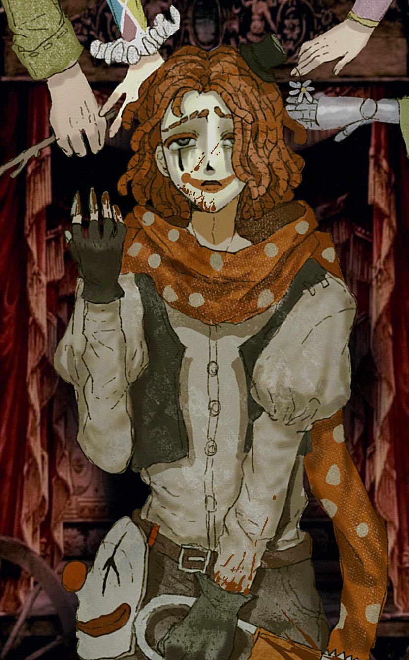 2girls 3boys belt black_gloves black_hat black_vest blood blood_on_clothes blood_on_face blood_on_hands brown_belt brown_pants clown clown_mask cowboy_shot daisy_(flower) fingerless_gloves flower frilled_sleeves frills frown fuquan9921 gloves grey_eyes grey_shirt hacksaw hat highres holding holding_hacksaw holding_stick identity_v juliet_sleeves long_sleeves looking_up makeup margaretha_zelle mask medium_hair mike_morton mini_hat multiple_boys multiple_girls murro_(identity_v) out_of_frame pants polka_dot polka_dot_scarf prosthesis prosthetic_arm puffy_sleeves red_hair red_scarf runny_makeup saw scarf shirt stick unworn_mask vest violetta_(identity_v) weeping_clown_(identity_v)