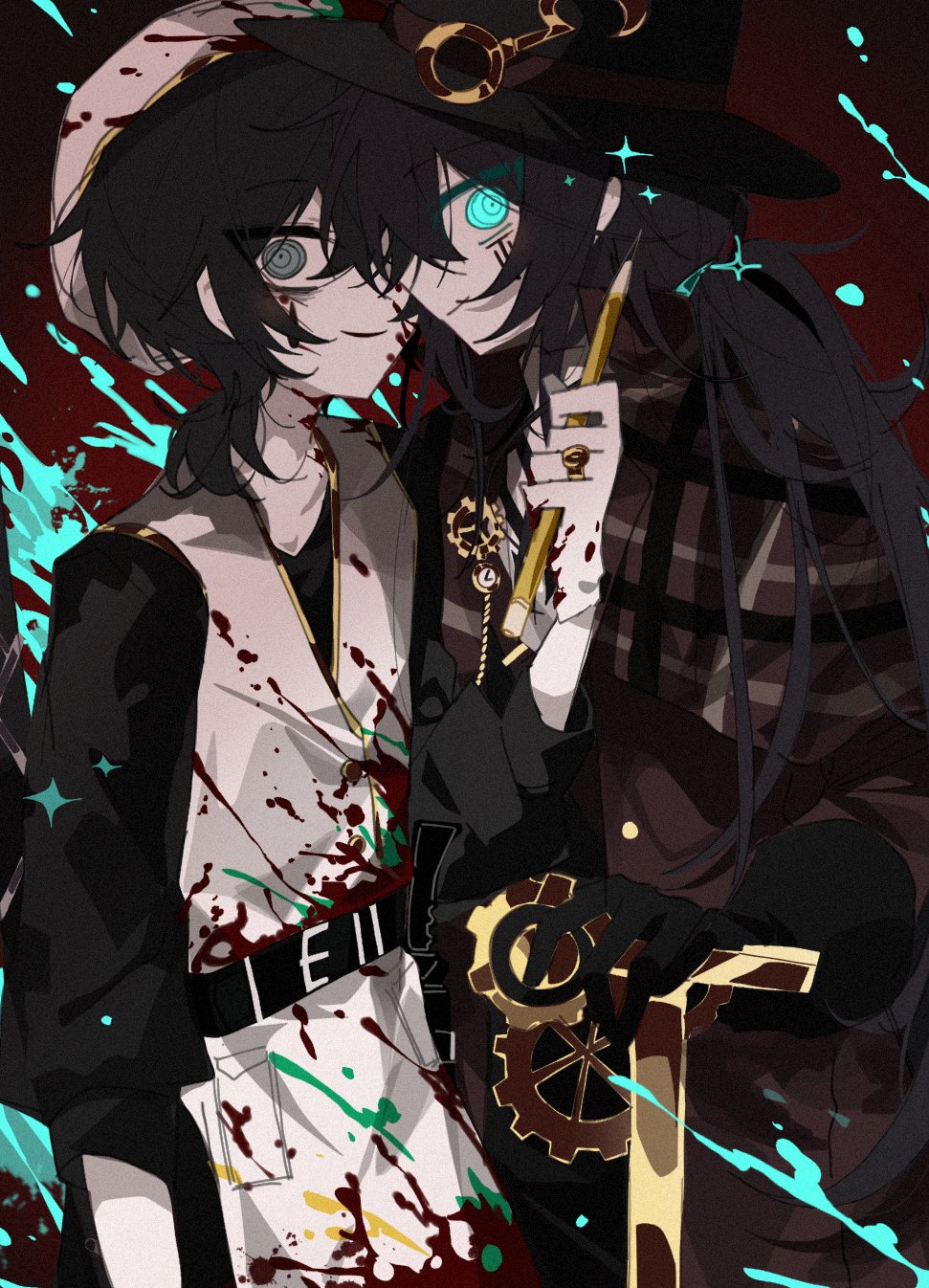 2boys apron aqua_eyes beret black_coat black_eyes black_gloves black_hair black_hat blood blood_on_clothes blood_on_face blood_on_hat brown_capelet brown_coat capelet coat cowboy_shot gloves glowing glowing_eyes hat highres holding holding_pencil hong_lu_(project_moon) lemonail limbus_company long_hair long_sleeves low_ponytail multiple_boys parted_lips pencil plaid_capelet plaid_clothes ponytail project_moon ring_(identity)_(project_moon) ringed_eyes smile top_hat very_long_hair white_apron white_hat yi_sang_(project_moon) yurodiviye_(identity)_(project_moon)