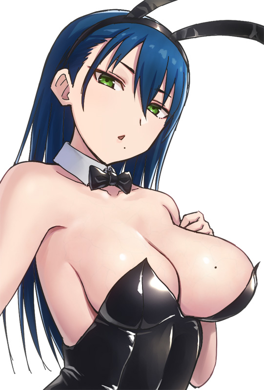 1girl animal_ears bare_shoulders black_leotard blue_hair bow bowtie breasts commentary_request detached_collar fake_animal_ears green_eyes hashi large_breasts leotard long_hair looking_at_viewer mole mole_under_mouth parted_lips playboy_bunny rabbit_ears solo strapless strapless_leotard toki-sensei_(toki_sensei_wa_kigaetai) toki_sensei_wa_kigaetai traditional_bowtie white_background