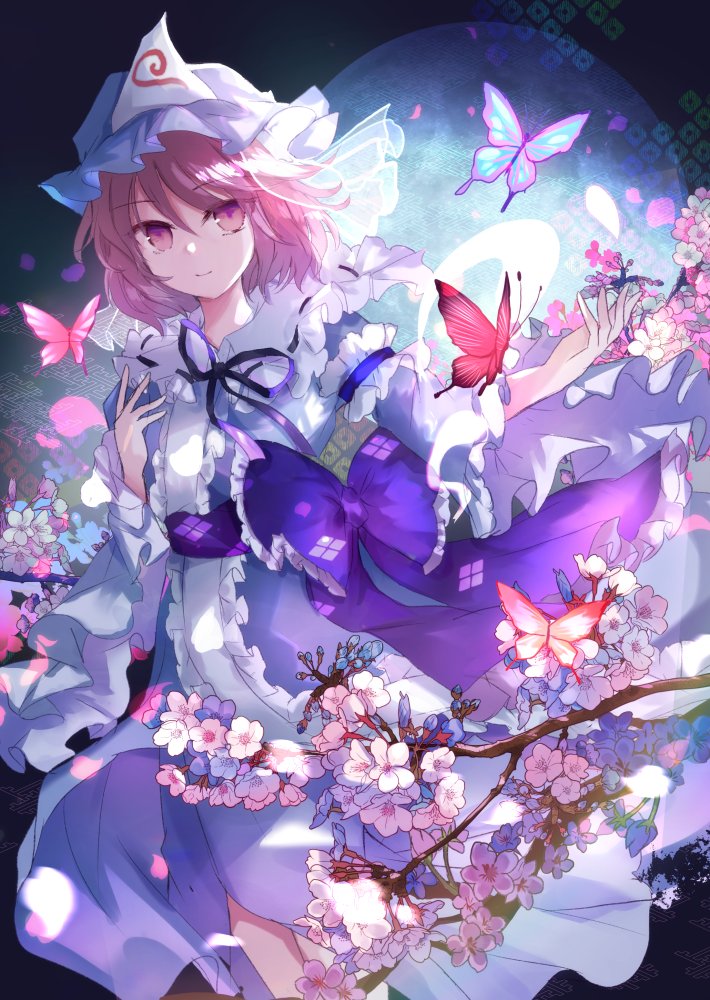 1girl belt black_ribbon blue_butterfly blue_flower blue_hat blue_kimono blue_moon bow branch bug butterfly butterfly_wings cherry_blossoms closed_mouth commentary_request flower flying frills full_moon hair_between_eyes hands_up hat insect insect_wings japanese_clothes juliet_sleeves kanoko_(pattern) kazu_(muchuukai) kimono long_sleeves looking_at_viewer mob_cap moon multicolored_butterfly neck_ribbon petals pink_butterfly pink_eyes pink_flower pink_hair puffy_sleeves purple_belt purple_bow purple_butterfly red_butterfly ribbon saigyouji_yuyuko sayagata short_hair smile solo standing touhou triangular_headpiece veil white_flower wide_sleeves wings