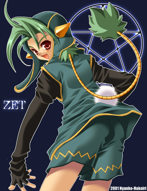 1boy 2001 :d artist_name beelzebub_(megami_tensei) blue_background blue_hat blue_shorts character_name gradient_background green_hair hakoiri_nyanko hat long_hair long_sleeves looking_back male_focus open_mouth pentagram red_eyes shin_megami_tensei shin_megami_tensei_devil_children shorts smile solo standing