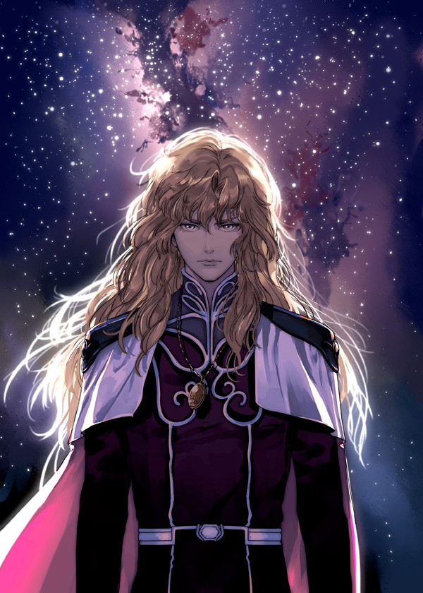 1boy backlighting black_jacket black_sleeves blonde_hair blue_eyes cape closed_mouth ginga_eiyuu_densetsu hair_over_shoulder jacket jewelry locket long_hair long_sleeves looking_at_viewer luobuterobert male_focus necklace night night_sky parted_hair pendant reinhard_von_lohengramm sky solo star_(sky) starry_sky straight-on upper_body wavy_hair white_cape