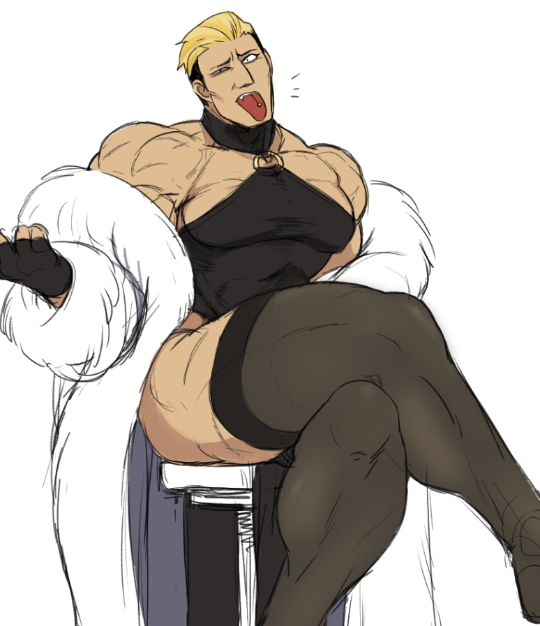 1boy bara black_dress black_leggings blonde_hair breasts coat dress fingerless_gloves gloves gluteal_fold hair_slicked_back large_breasts large_pectorals leggings male_focus muscular muscular_male neck_brace nyaattoberritto pectorals sitting on_chair sketch tan the_king_of_fighters thick_thighs thighs tongue tongue_out white_background white_coat yamazaki_ryuuji
