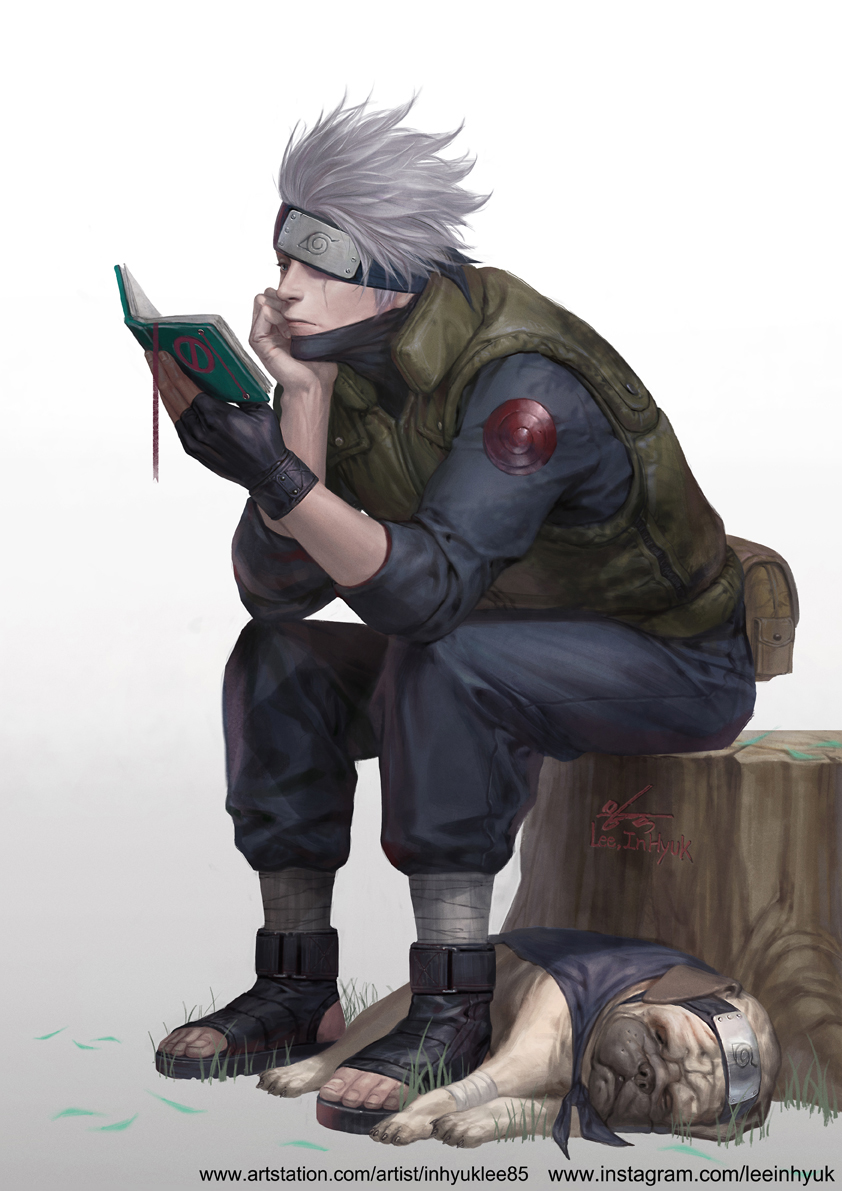 1boy blouse blue_shirt dog fingerless_gloves forehead_protector gloves grey_hair hatake_kakashi in-hyuk_lee naruto_(classic) naruto_(series) one_eye_covered pakkun_(naruto) reading realistic scar scar_across_eye scar_on_face shirt shoes simple_background single_glove sitting toeless_footwear tree_stump watermark web_address white_background