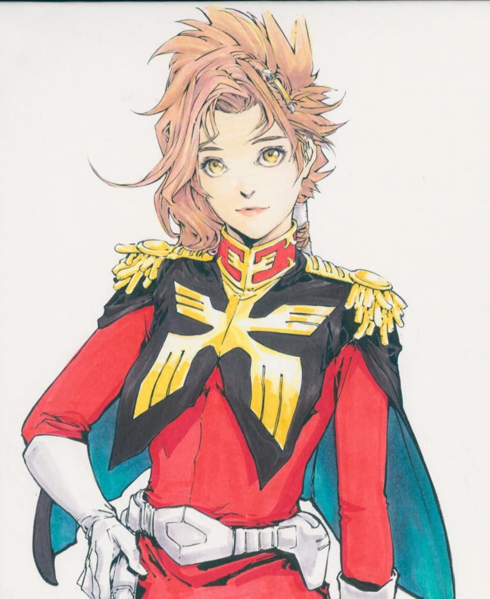 1girl andy_seto anling_(cyber_weapon_z) belt braid braided_ponytail brown_hair capelet char_aznable char_aznable_(cosplay) chinese_commentary commentary_request cosplay cyber_weapon_z epaulettes gloves gundam hair_ornament hairclip hand_on_own_hip highres marker_(medium) mobile_suit_gundam pink_lips solo traditional_media two-sided_capelet upper_body white_belt white_gloves yellow_eyes