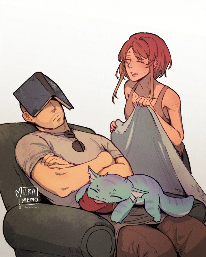 1boy 1girl animal armchair bare_arms bare_shoulders beret black_pants book book_on_head brown_hair brown_pants brown_tank_top chair closed_eyes closed_mouth collarbone commentary courier_(fallout:_new_vegas) craig_boone crossed_arms english_commentary eyewear_hang fallout fallout:_new_vegas freckles gecko grey_background hat milramemo noelle_(milramemo) object_on_head on_chair pants reclining red_hat signature simple_background sitting smile standing sunglasses tank_top twitter_username unworn_eyewear unworn_hat unworn_headwear