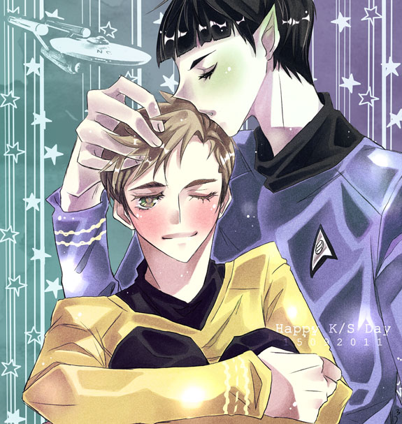 2011 2boys dated green_eyes james_tiberius_kirk kiss_on_head multiple_boys one_eye_closed pointy_ears spaceship spock star_trek starfleet_uniform uss_enterprise_(star_trek) vulcan yaoi