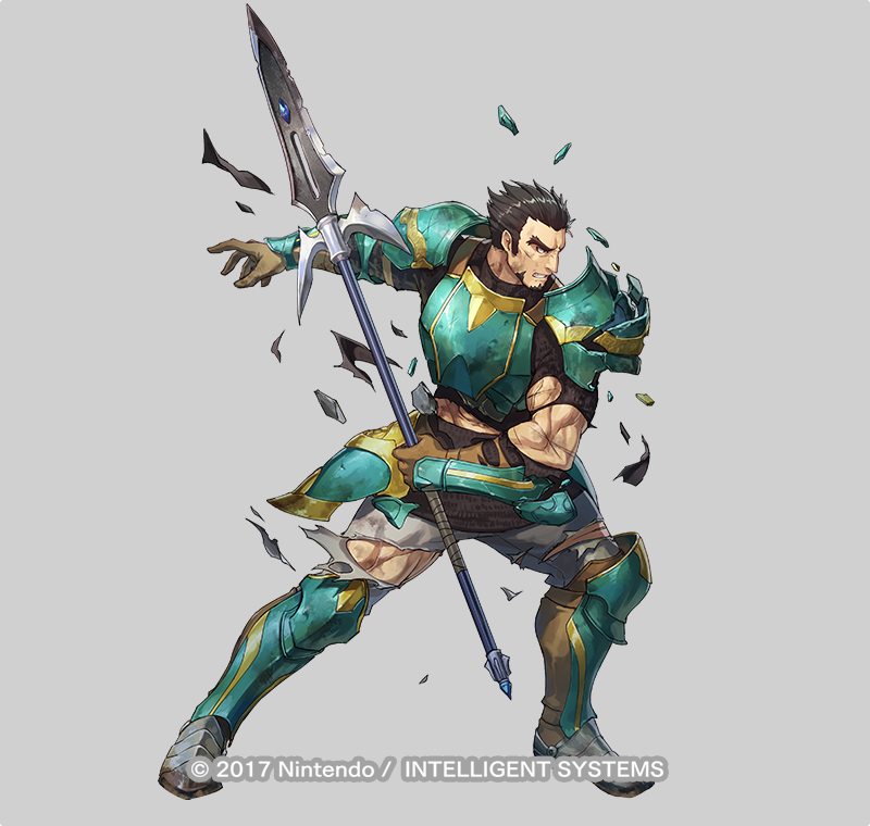 1boy armor beard black_hair broken_armor company_name dai-xt facial_hair fire_emblem fire_emblem:_the_sacred_stones fire_emblem_heroes full_body gilliam_(fire_emblem) gloves grey_background holding holding_polearm holding_weapon male_focus mature_male muscular muscular_male nintendo official_art polearm short_hair solo thick_eyebrows torn_clothes weapon