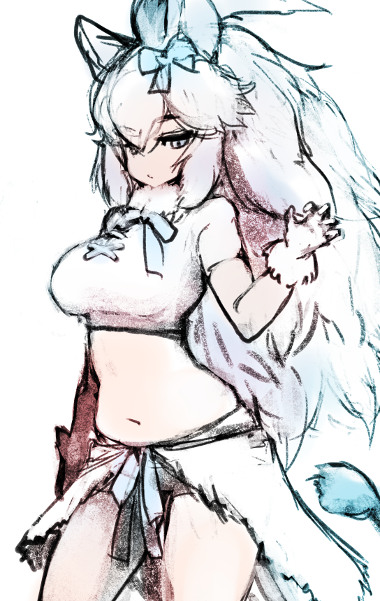 1girl animal_ears blue_eyes blue_ribbon extra_ears gloves ise_(0425) kemono_friends lion_ears lion_girl lion_tail long_hair looking_at_viewer navel ribbon shirt simple_background skirt solo tail white_hair white_lion_(kemono_friends) white_shirt white_skirt
