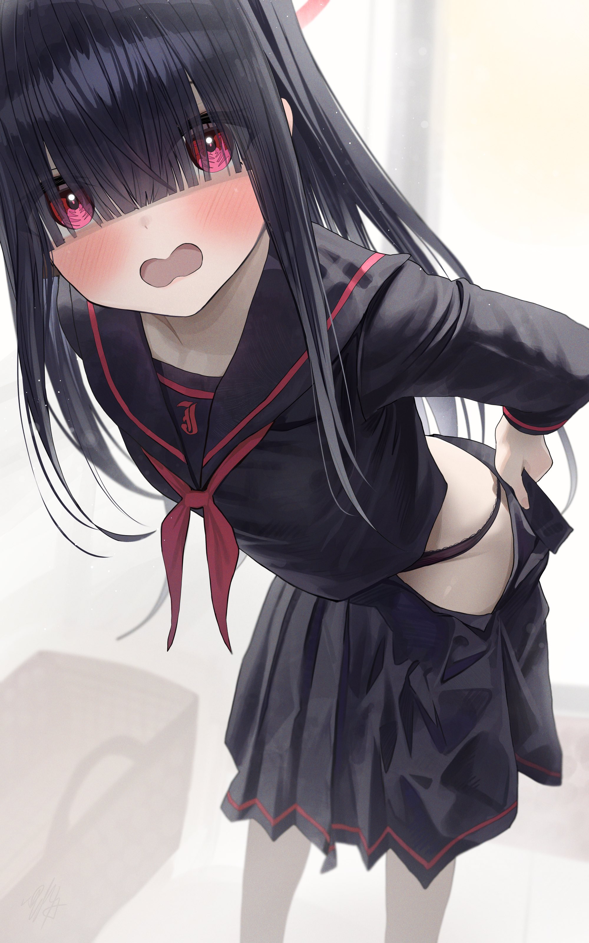 1girl absurdres bad_id bad_twitter_id bent_over black_hair black_panties black_sailor_collar black_serafuku black_shirt black_skirt blue_archive blunt_bangs blush commentary_request embarrassed extra hair_over_eyes halo hidulume highres justice_task_force_member_(blue_archive) long_bangs long_hair looking_at_viewer neckerchief open_mouth panties red_eyes red_halo red_neckerchief sailor_collar school_uniform serafuku shirt skirt solo underwear undressing