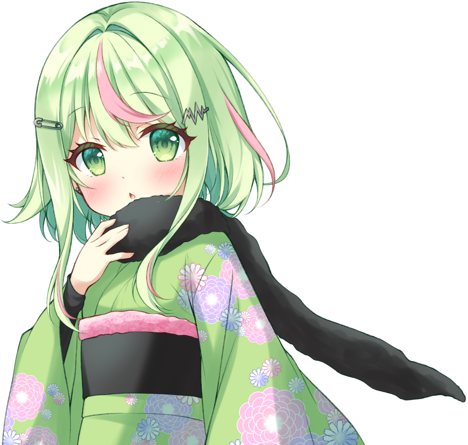 1girl black_sash black_scarf blush chestnut_mouth commentary_request fur_scarf green_eyes green_hair green_kimono hair_intakes highres hinokuma_ran indie_virtual_youtuber japanese_clothes kimono looking_at_viewer multicolored_hair obi open_mouth pink_hair sash scarf short_hair_with_long_locks sidelocks simple_background solo streaked_hair transparent_background upper_body usaba_(usabara_c) virtual_youtuber