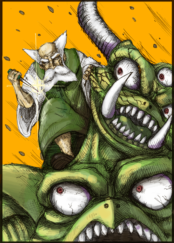 2boys bald beard brey chunsoft dagger death_pisaro dragon_quest dragon_quest_iv enix extra_eyes facial_hair fangs horns knife male_focus monster multiple_boys mustache pisaro suparu_(detteiu) weapon white_hair