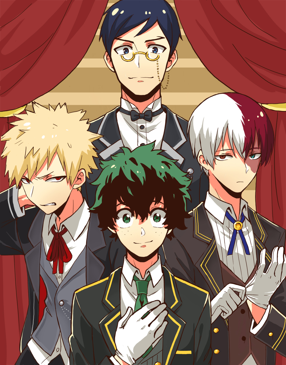 10s 4boys bakugou_katsuki black_hair black_jacket black_neckwear blonde_hair blouse blue_eyes blue_hair blue_ribbon boku_no_hero_academia bow bowtie butler clenched_teeth curtains formal_clothes gloves green_eyes green_hair green_neckwear height_difference highres iida_tenya jacket male_focus midoriya_izuku monotsuki multicolored_hair multiple_boys neck_ribbon necktie red_hair red_ribbon ribbon semi-rimless_eyewear shirt short_hair smile suit teeth todoroki_shouto traditional_bowtie two-tone_hair under-rim_eyewear vest white_gloves white_hair white_shirt yellow-framed_eyewear