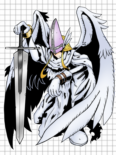 1boy digimon digimon_(creature) holyangemon holyangemon_priest_mode male_focus mask solo sword weapon wings