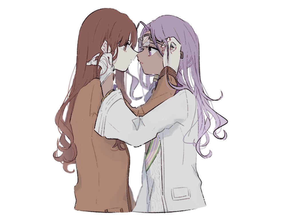 10s 2girls bad_id bad_twitter_id brown_eyes brown_hair brown_shirt dark-skinned_female dark_skin unworn_eyewear face-to-face fate/extra fate_(series) gloves hand_in_own_hair holding holding_removed_eyewear kishinami_hakuno_(female) long_hair long_sleeves multiple_girls over-rim_eyewear pocket purple_eyes purple_hair rani_viii semi-rimless_eyewear shirt uncle129 upper_body wavy_hair white_background white_gloves white_shirt yuri