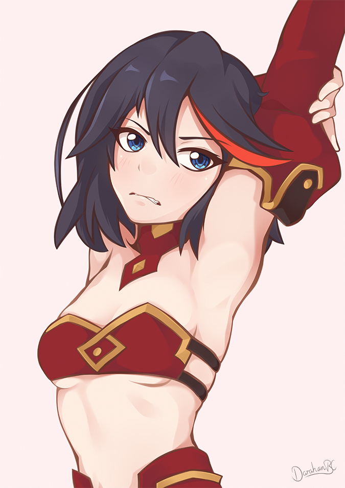 1girl artist_name black_hair blue_eyes blush breasts commentary cosplay darahan detached_sleeves fate_(series) female_focus hair_between_eyes kill_la_kill matoi_ryuuko midriff mordred_(fate) mordred_(fate)_(cosplay) mordred_(fate/apocrypha) multicolored_hair red_hair red_sleeves revealing_clothes short_hair simple_background small_breasts solo streaked_hair trait_connection upper_body white_background