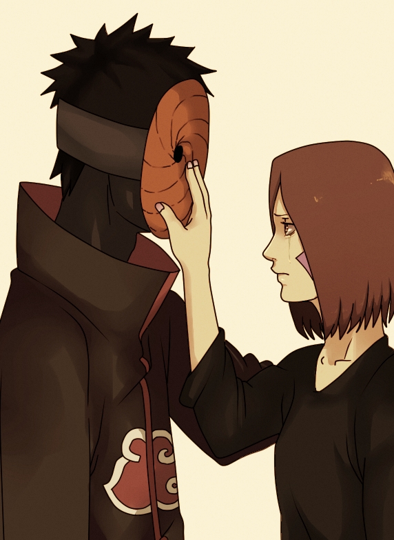 1boy 1girl akatsuki_uniform bad_id bad_pixiv_id black_hair black_shirt brown_hair closed_mouth crying crying_with_eyes_open facial_mark from_side high_collar long_sleeves looking_at_another mask nail_polish naruto_(classic) naruto_(series) neimana ninja nohara_rin pink_nails sad shirt short_hair simple_background spiked_hair tears tobi_(naruto) uchiha_obito