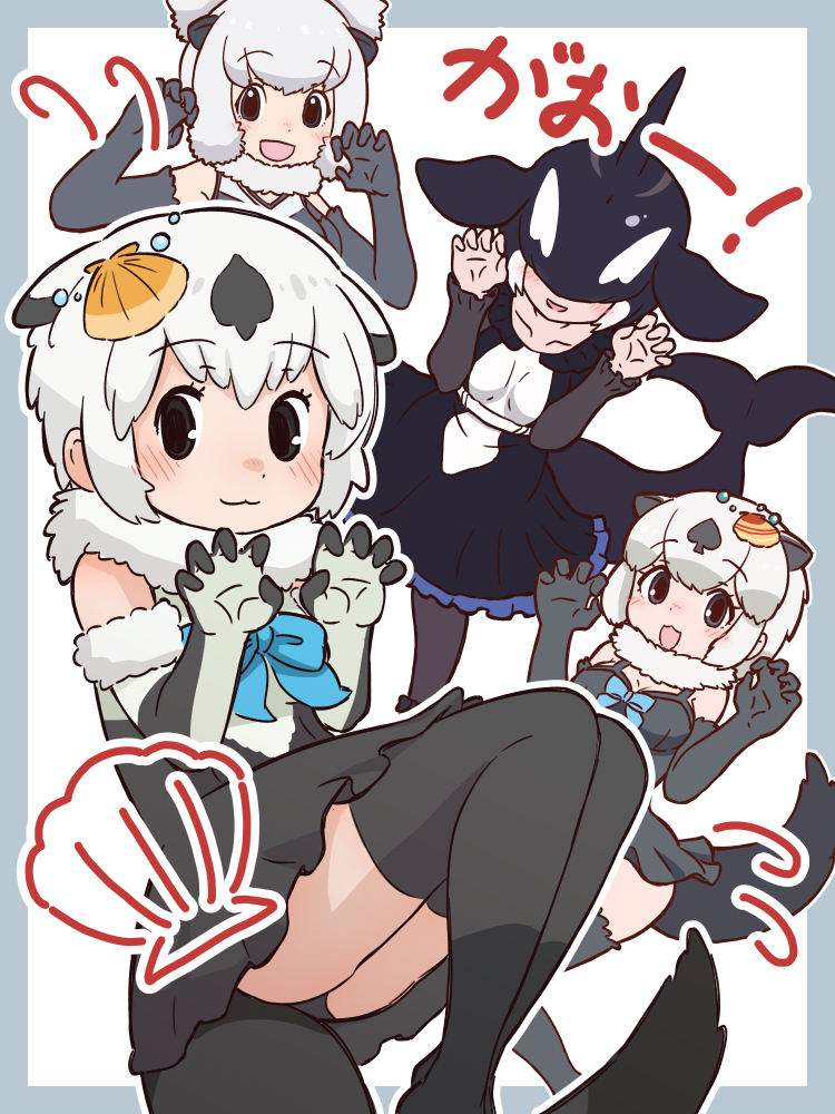 4girls alaskan_sea_otter_(kemono_friends) animal_ears bare_shoulders black_eyes black_hair bow bowtie californian_sea_otter_(kemono_friends) da_(bobafett) dress elbow_gloves extra_ears gloves grey_hair hair_ornament kemono_friends kneehighs looking_at_viewer multiple_girls orca_(kemono_friends) otter_ears otter_girl otter_tail pantyhose scarf short_hair simple_background socks tail translation_request white_hair