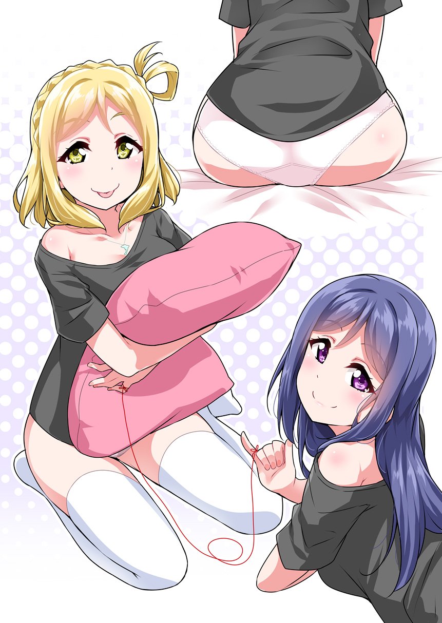 2girls :p alternate_hairstyle ass black_shirt blonde_hair blue_hair braid breasts cleavage collarbone crown_braid dolphin_pendant hair_down hair_rings halftone halftone_background highres large_breasts long_hair looking_at_viewer love_live! love_live!_sunshine!! lying matsuura_kanan medium_breasts medium_hair multiple_girls multiple_views no_pants hugging_object off-shoulder_shirt off_shoulder ohara_mari on_bed on_stomach panties pillow pillow_hug pinky_out polka_dot polka_dot_background purple_eyes seiza shirt short_sleeves sidelocks sitting smile string string_around_finger string_of_fate string_tie thighhighs tongue tongue_out underwear white_legwear white_panties yellow_eyes yopparai_oni