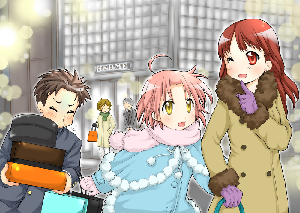 00s 2girls 3boys ahoge coat gloves gotou_yuuko gotouza gottouza holding_hands kogami_akira lucky_star mittens multiple_boys multiple_girls one_eye_closed ono_daisuke pink_hair red_eyes red_hair scarf shiraishi_minoru ubizo wink yellow_eyes