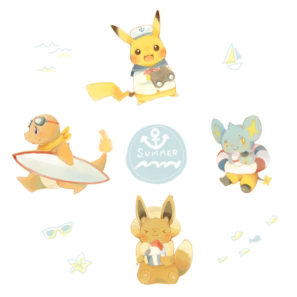 &gt;_&lt; animal_focus binoculars black_eyes boat charmander clothed_pokemon eevee food fumika_(chako_sirokuma) gen_1_pokemon gen_4_pokemon goggles goggles_on_head hat holding holding_binoculars holding_surfboard innertube nintendo no_humans open_mouth pikachu pokemon pokemon_(creature) sailboat sailor shaved_ice shinx shirt simple_background summer sun_hat surfboard swim_ring watercraft white_background white_shirt