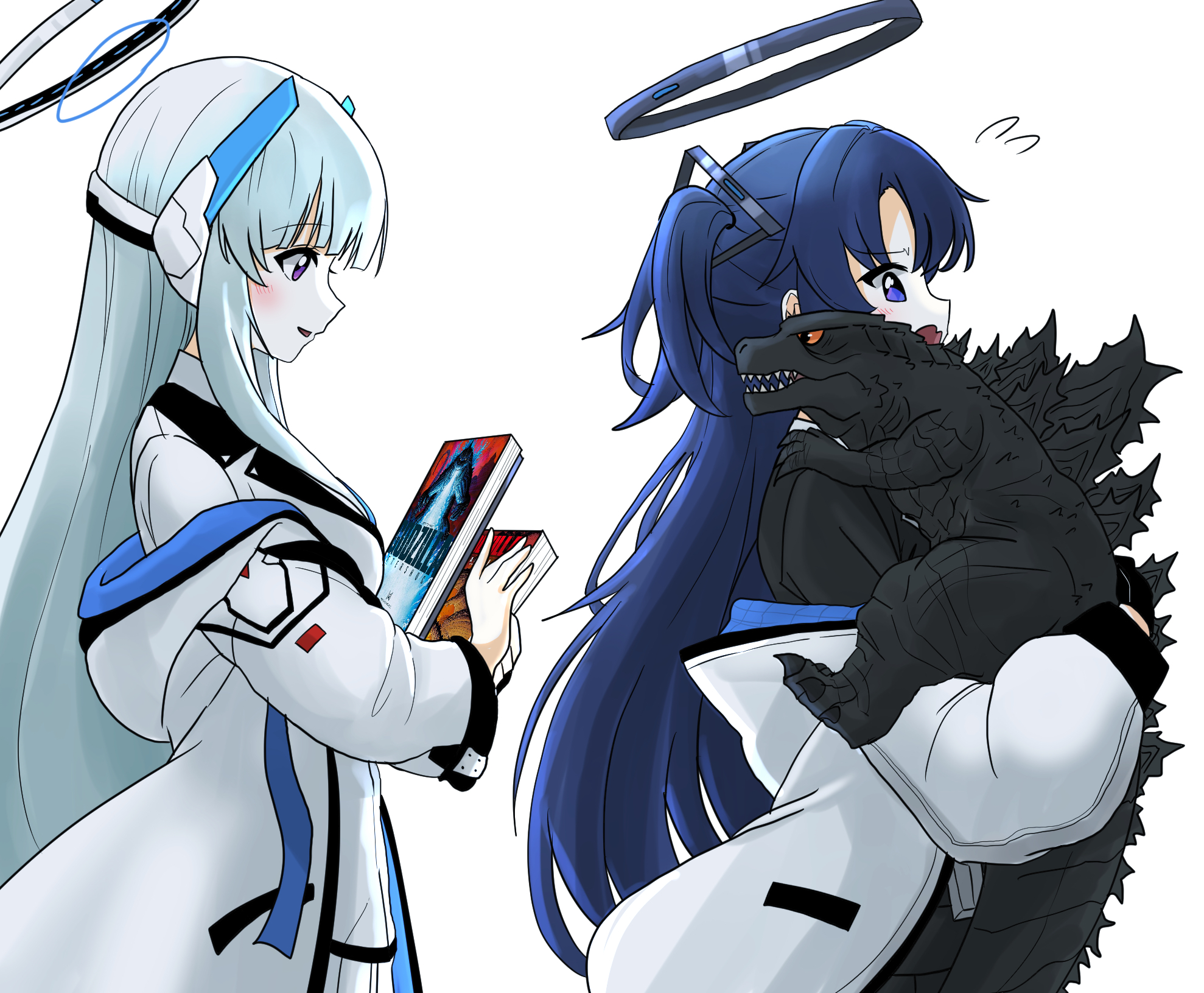 2girls black_buruma black_halo black_pantyhose blue_archive blue_buruma blue_eyes blue_necktie blush breasts buruma claws collared_shirt crossover fangs formal_clothes godzilla godzilla:_king_of_the_monsters godzilla_(2014) godzilla_(monsterverse) godzilla_(series) godzilla_vs._kong godzilla_x_kong:_the_new_empire grey_hair gun gym_uniform hair_ornament halo headgear headphones highres ibuki_(tulta_icon) jacket jacket_partially_removed jaw kaiju king_kong_(series) lanyard legendary_pictures long_hair long_sleeves long_tail mechanical_halo monster monsterverse multiple_crossover multiple_girls necktie noa_(blue_archive) open_mouth orange_eyes pantyhose purple_eyes purple_hair reptilian scales sharp_teeth shirt sig_mpx skirt spikes spines submachine_gun suit tail teeth toho track_jacket triangle_hair_ornament two-sided_fabric two-sided_jacket two_side_up very_long_hair weapon white_hair white_halo white_jacket white_shirt white_skirt white_suit yuuka_(blue_archive)