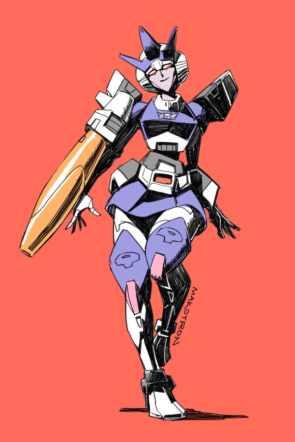 (raptron1978) arcee arm_cannon decepticon fusion galvatron head_tilt looking_at_viewer makoto_ono makotron_(raptron1978) mecha open_hands red_background red_eyes robot smile solo transformers walking weapon