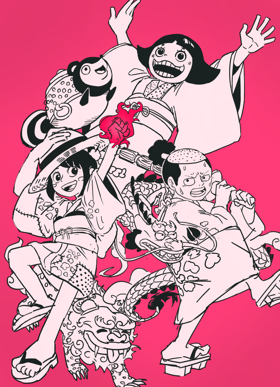 1girl 2girls animal arms_up black_eyes black_hair blush blush_stickers bokken bunbuku_(one_piece) child clenched_hand closed_eyes dragon eastern_dragon fangs flaming_hand full_body hand_on_headwear hat high_ponytail highres holding holding_sword holding_weapon japanese_clothes kimono komachiyo kouzuki_momonosuke kurozumi_tama looking_ahead monochrome multiple_girls multiple_persona nervous nighzenguxhel one_piece open_mouth pink_background pink_theme ponytail sandals sanpaku short_hair simple_background smile standing standing_on_one_leg straw_hat sweat sword tareme teeth toko_(one_piece) tongue tongue_out v-shaped_eyebrows very_short_hair weapon wooden_sword