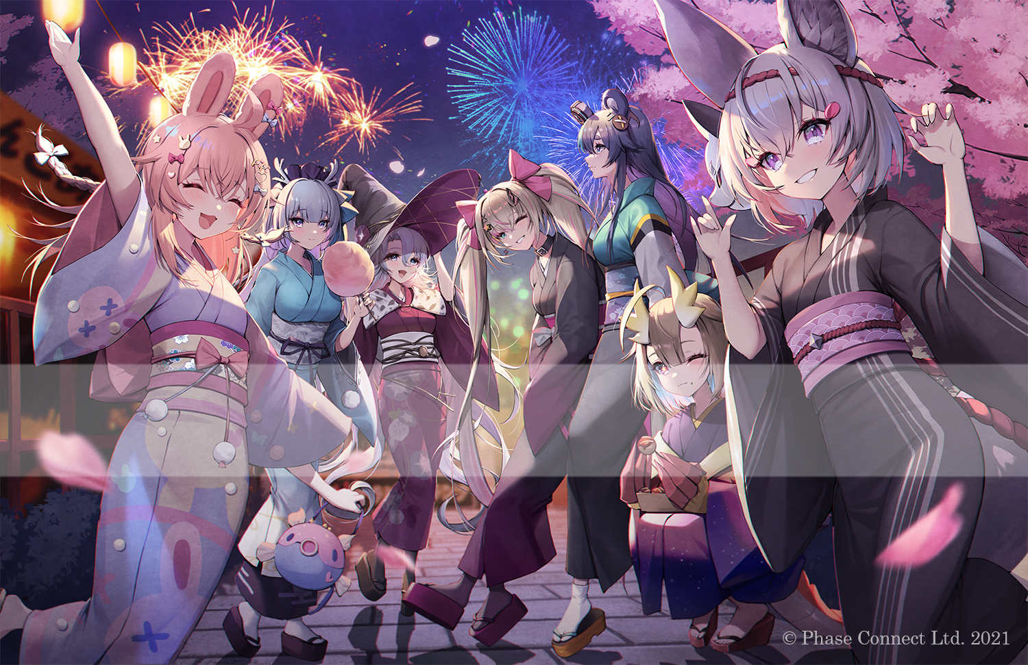 6+girls aerial_fireworks ahoge animal_ear_fluff animal_ears animal_print antlers arm_up bear_ears bear_girl black_footwear black_headwear black_kimono blonde_hair blue_bow blue_hair blue_kimono bow braid breasts cherry_blossoms claws closed_eyes closed_mouth copyright_notice cotton_candy deer_antlers deer_girl dragon_girl dragon_horns festival fireworks food fox_ears fox_girl fox_mask fujikura_uruka grey_hair hair_bow hair_ornament hakushika_iori hat holding holding_cotton_candy holding_food horns japanese_clothes kimono maid_headdress mask mask_on_head medium_breasts monini multicolored_kimono multiple_girls night night_sky obi official_art okobo one_eye_closed open_mouth phase_connect pink_bow pink_eyes pink_hair pink_sash pipkin_pippa platform_sandals pom_pom_(clothes) purple_eyes purple_hair rabbit_ears rabbit_girl rabbit_hair_ornament rabbit_print red_kimono rinkou_ashelia sandals sash shadow shisui_michiru_(phase_connect) sky small_breasts star_(symbol) star_hair_ornament tabi takoyaki tenma_maemi twintails utatane_nasa virtual_youtuber wide_sleeves witch_hat yellow_sash