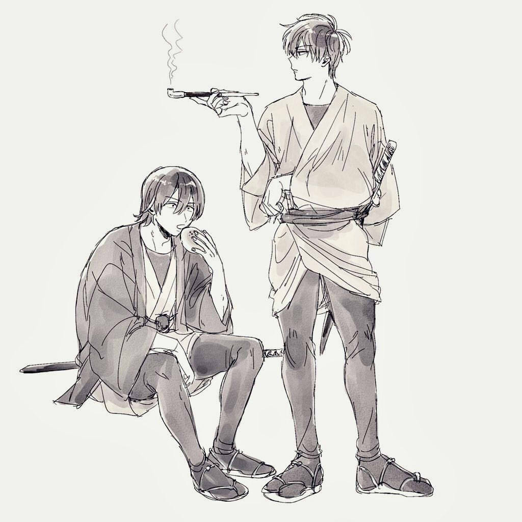 2boys commentary_request eating gintama hijikata_toushirou holding holding_smoking_pipe japanese_clothes kiseru male_focus monochrome multiple_boys obi sandals sash scabbard se0h sheath simple_background sitting smoke smoke_trail smoking smoking_pipe standing sword weapon white_background yamazaki_sagaru