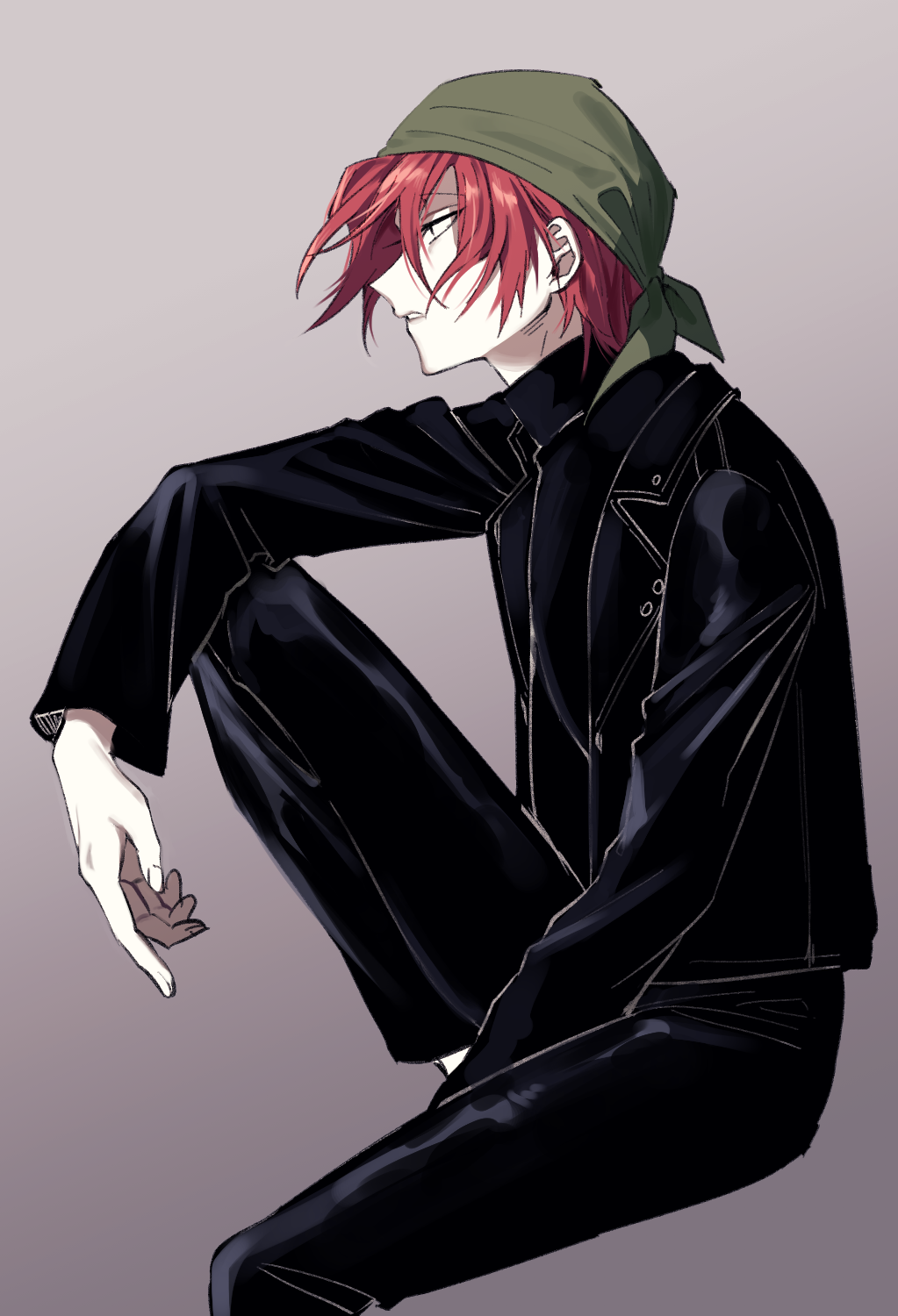 1girl alternate_costume annie_(saibou_shinkyoku) bandana black_jacket black_pants black_sweater closed_mouth commentary_request from_side gradient_background green_bandana grey_background highres invisible_chair jacket korean_commentary leather leather_jacket leather_pants long_sleeves mometsu_033 pale_skin pants red_hair saibou_shinkyoku short_hair simple_background sitting solo sweater turtleneck turtleneck_sweater