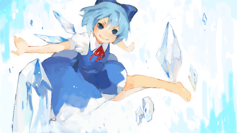 1girl barefoot blue_background blue_bow blue_dress blue_eyes blue_hair bow cirno collared_shirt detached_wings dress floating hair_bow ice ice_wings looking_at_viewer mmlu_(honwa_karesu) neck_ribbon pinafore_dress puffy_short_sleeves puffy_sleeves red_ribbon ribbon shirt short_hair short_sleeves sleeveless sleeveless_dress smile solo touhou v-shaped_eyebrows wings