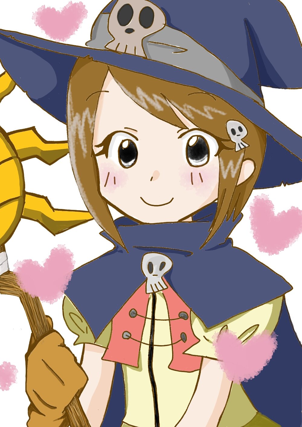 1girl blush cosplay digimon female_focus heart highres looking_at_viewer short_hair skull smile solo wizarmon wizarmon_(cosplay) yagami_hikari