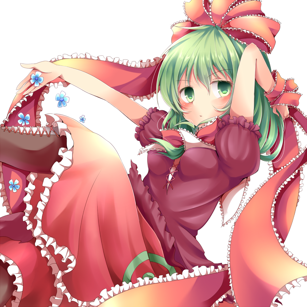1girl blue_flower boots bow breasts brown_boots chikuwa_savy closed_mouth commentary_request cross-laced_clothes cross-laced_top feet_out_of_frame flower frilled_bow frilled_ribbon frilled_skirt frills front_ponytail green_eyes green_hair hair_bow hair_ribbon holding holding_flower kagiyama_hina lace-up_boots long_hair looking_at_viewer medium_breasts puffy_short_sleeves puffy_sleeves red_bow red_ribbon red_shirt red_skirt ribbon shirt short_sleeves simple_background skirt solo touhou white_background
