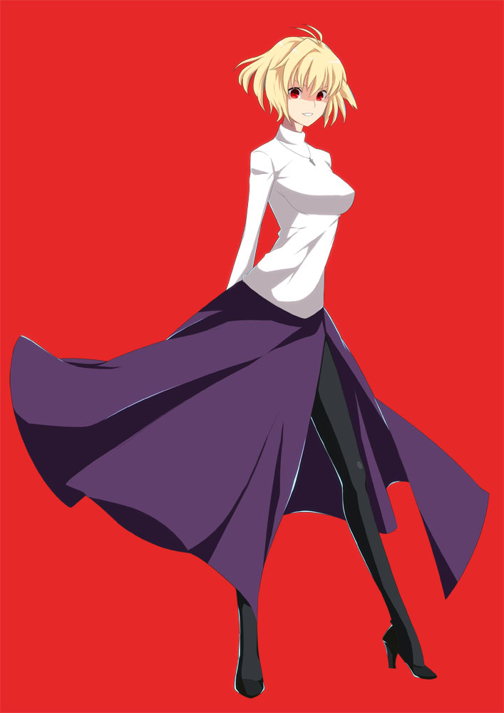 1girl arcueid_brunestud arms_behind_back black_pantyhose blonde_hair cross cross_necklace full_body high_heels jewelry karakuraax necklace pantyhose parted_lips purple_skirt red_arcueid red_eyes shaded_face short_hair side_slit skirt solo tsukihime