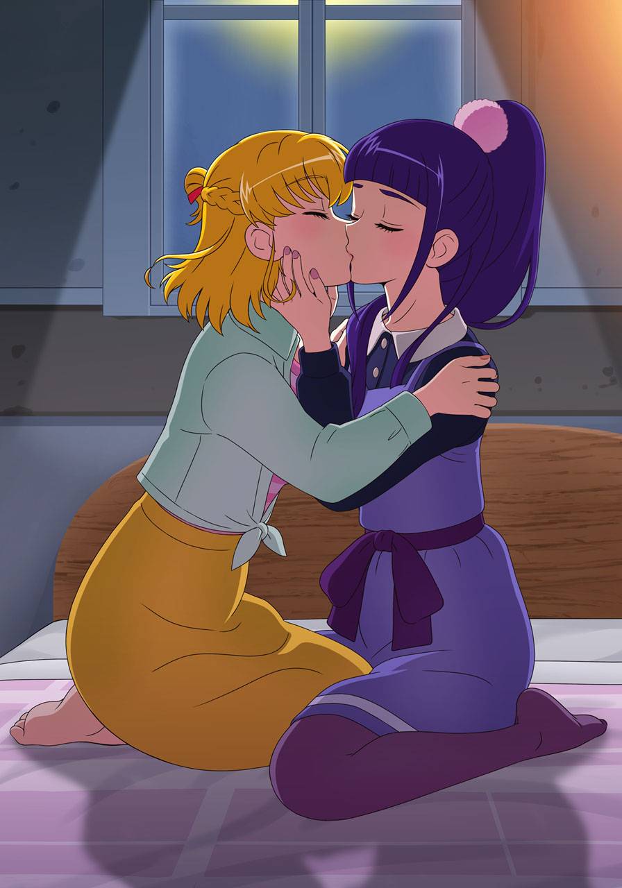 2girls asahina_mirai bed blonde_hair blush braid closed_eyes commentary_request dress green_jacket half_up_braid highres izayoi_liko jacket kiss long_hair long_sleeves mahou_girls_precure! mahou_girls_precure!!_mirai_days medium_hair multiple_girls nail_polish partial_commentary pink_shirt ponytail precure purple_hair purple_sash purple_thighhighs sash shirt skirt thighhighs tooo two-tone_dress window yellow_skirt yuri