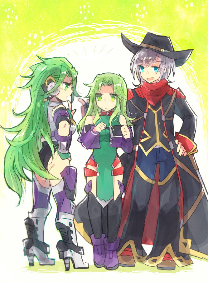 &gt;:d 1boy 2girls :d aschen_brodel bad_id bad_pixiv_id blue_eyes coat full_body green_eyes green_hair grey_hair hand_on_own_hip harken_browning hat high_heels lamia_loveless leotard long_hair miduki66 multiple_girls nunuko_(mu661129) open_mouth pelvic_curtain sandwiched smile super_robot_wars super_robot_wars_advance super_robot_wars_og_moon_dwellers super_robot_wars_og_saga_mugen_no_frontier super_robot_wars_original_generation v-shaped_eyebrows very_long_hair