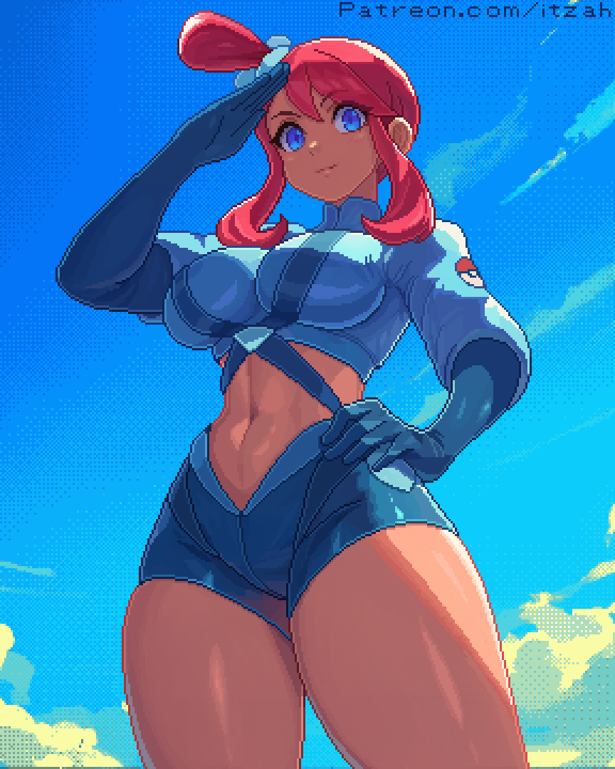 1girl blue_eyes blue_gloves breasts crop_top gloves hair_ornament itzah large_breasts navel nintendo pokemon pokemon_bw red_hair short_shorts shorts sidelocks skyla_(pokemon) thick_thighs thighs
