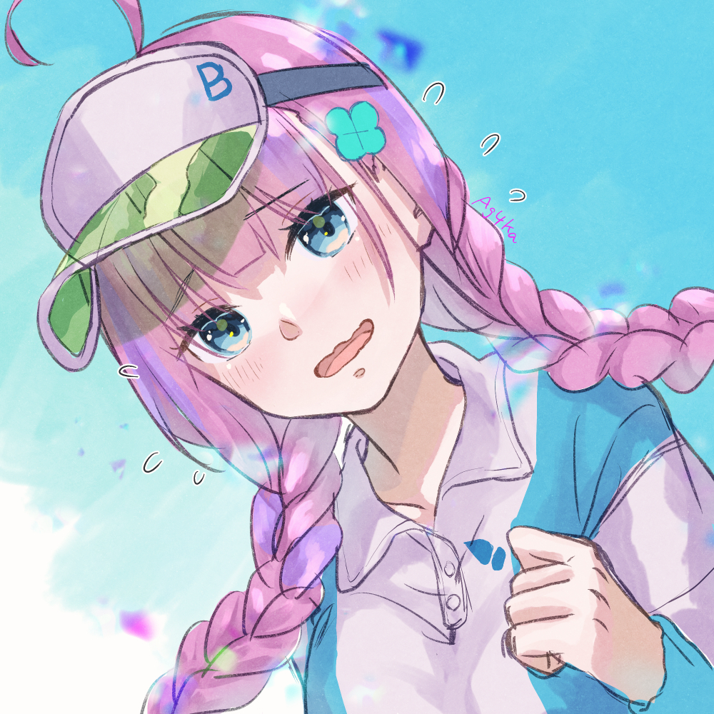1girl ahoge aqua_eyes braid clover_hair_ornament date_akari hair_ornament heaven_burns_red long_hair multicolored_hair oage_(o_ag_e4) purple_hair solo sportswear streaked_hair tennis_uniform twin_braids visor_cap