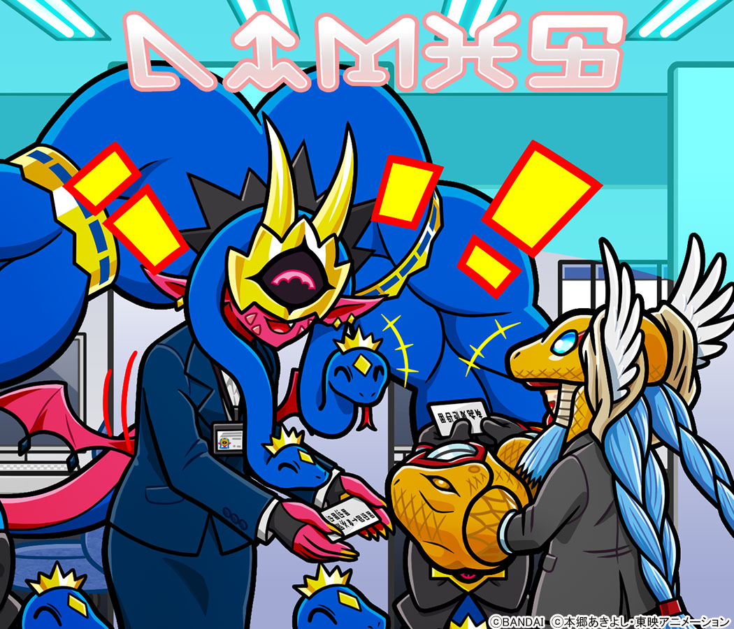 2girls april black_jacket blue_hair blue_jacket blue_skirt colored_skin covered_eyes cowboy_shot digimon digimon_(creature) earrings fang head_wings indoors jacket jewelry long_hair medusamon minervamon multiple_girls nail_polish office office_lady official_art partially_translated pink_scales pink_skin pointy_ears skirt snake_hair trait_connection translation_request very_long_hair wings