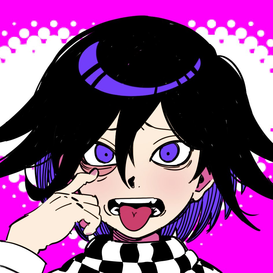 1boy :p black_hair checkered_neckerchief danganronpa_(series) danganronpa_v3:_killing_harmony fang flipped_hair hair_between_eyes hand_up kabedon male_focus medium_hair miri_(bossu_osu) multicolored_hair neckerchief oma_kokichi open_mouth pink_background pink_eyes solo teeth tongue tongue_out two-tone_hair white_background