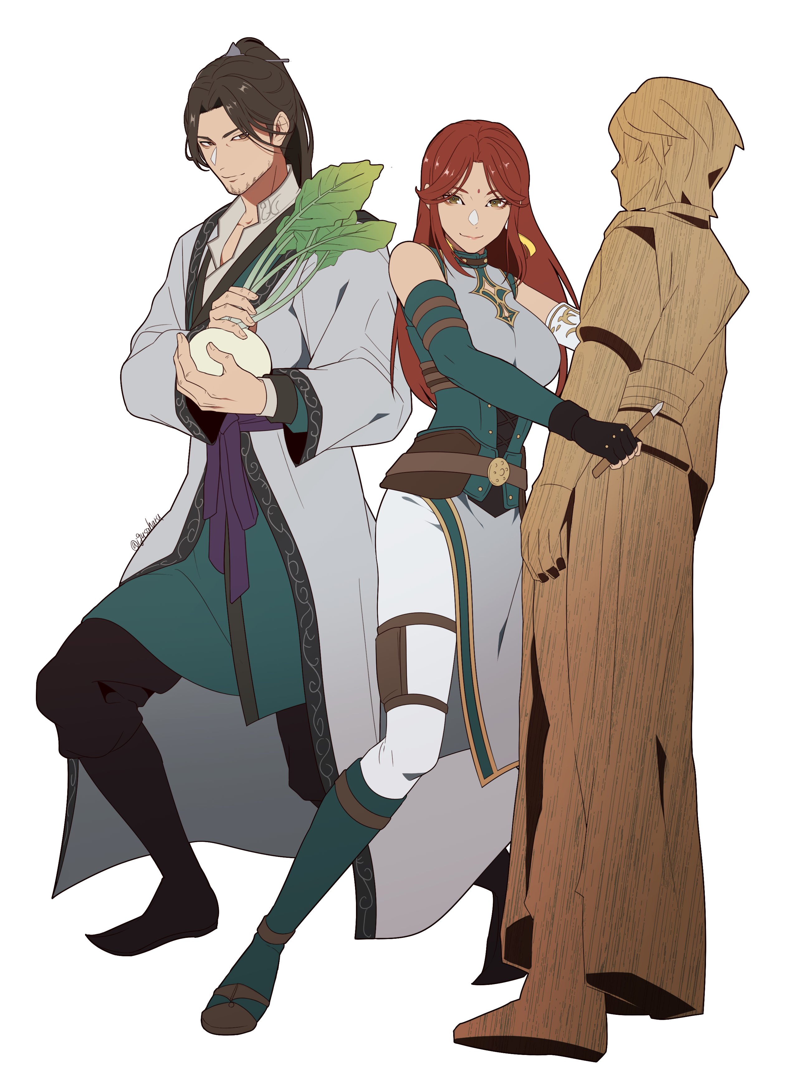 1boy 1girl absurdres black_boots black_gloves boots breasts brown_hair chinese_clothes closed_eyes dress elbow_gloves facial_hair facial_mark fingerless_gloves food forehead_mark full_body gloves green_boots grey_dress highres holding holding_food holding_vegetable igusaharu large_breasts looking_at_viewer pants pants_under_dress parted_bangs pelvic_curtain ponytail red_hair shin_sangoku_musou shin_sangoku_musou_origins sleeveless sleeveless_dress smile twitter_username vegetable white_background white_pants yue_ying_(shin_sangoku_musou) zhuge_liang_(shin_sangoku_musou)