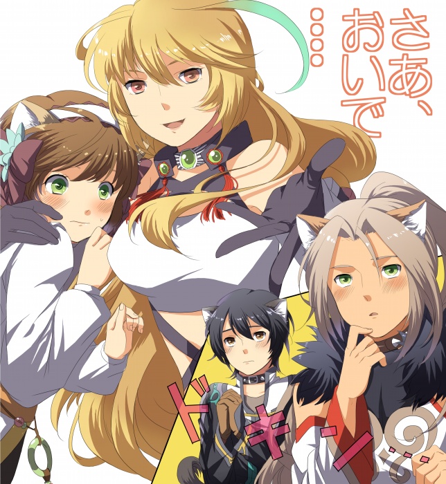 2boys 2girls animal_ears bad_id bad_pixiv_id cat_ears dark_skin ivar_(tales) jude_mathis kemonomimi_mode leia_rolando milla_maxwell multiple_boys multiple_girls parted_bangs shibanashi_miso tabard tales_of_(series) tales_of_xillia una