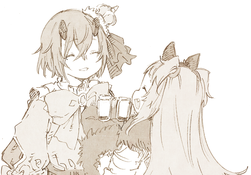 2girls abara_heiki animal_hands broken_horns closed_eyes crown gloves hair_ribbon halloween_costume long_hair miyako_(halloween)_(princess_connect!) miyako_(princess_connect!) mole monochrome multiple_girls open_mouth paw_gloves princess_connect! puffy_sleeves ribbon shinobu_(halloween)_(princess_connect!) shinobu_(princess_connect!) short_hair simple_background sketch smile upper_body white_background