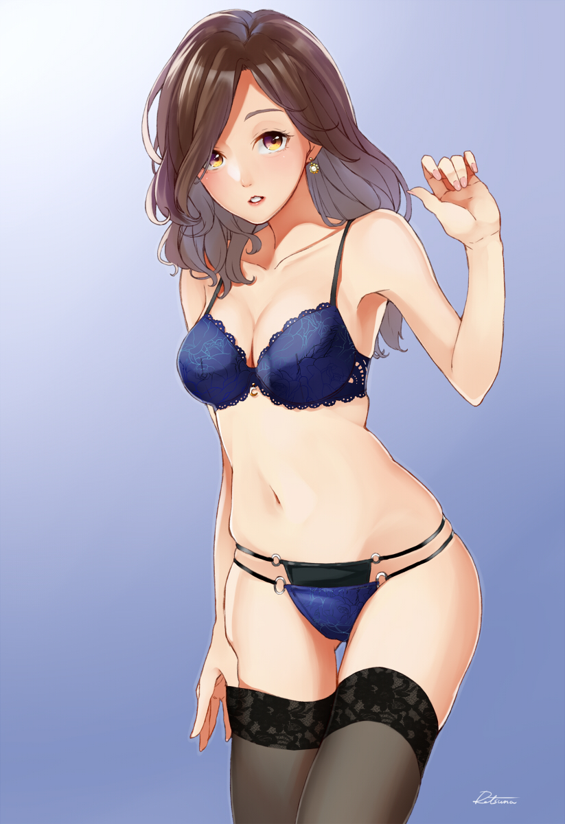 1girl black_thighhighs blue_bra blue_panties blush bra breasts brown_hair cleavage collarbone earrings female_focus gluteal_fold highres jewelry lingerie lips long_hair looking_at_viewer medium_breasts navel original panties parted_lips retsuna simple_background skindentation solo straight_hair thighhighs underwear underwear_only yellow_eyes