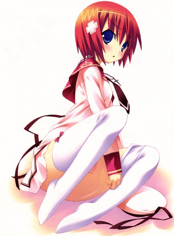 angry azel blue_eyes blush cross jewelry kannagi_rei necklace necktie red_hair ribbon school_uniform short_hair sitting solo thighhighs twinkle_crusaders white_thighhighs